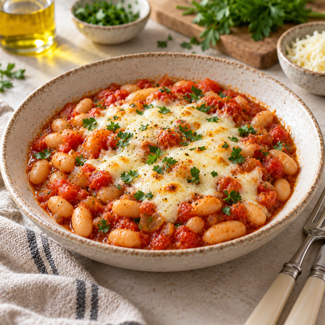 Белая фасоль с томатами и сыром