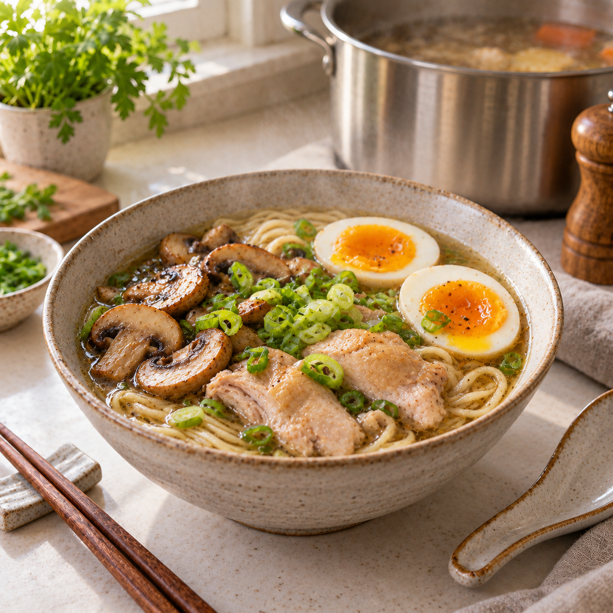 Домашний рамен с курицей и яйцом