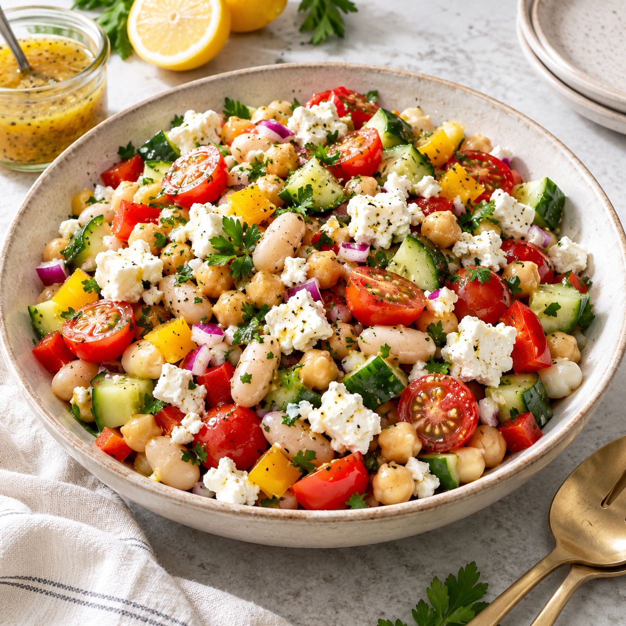 Плотный салат с фасолью, нутом, овощами и фетой (Dense Bean Salad)