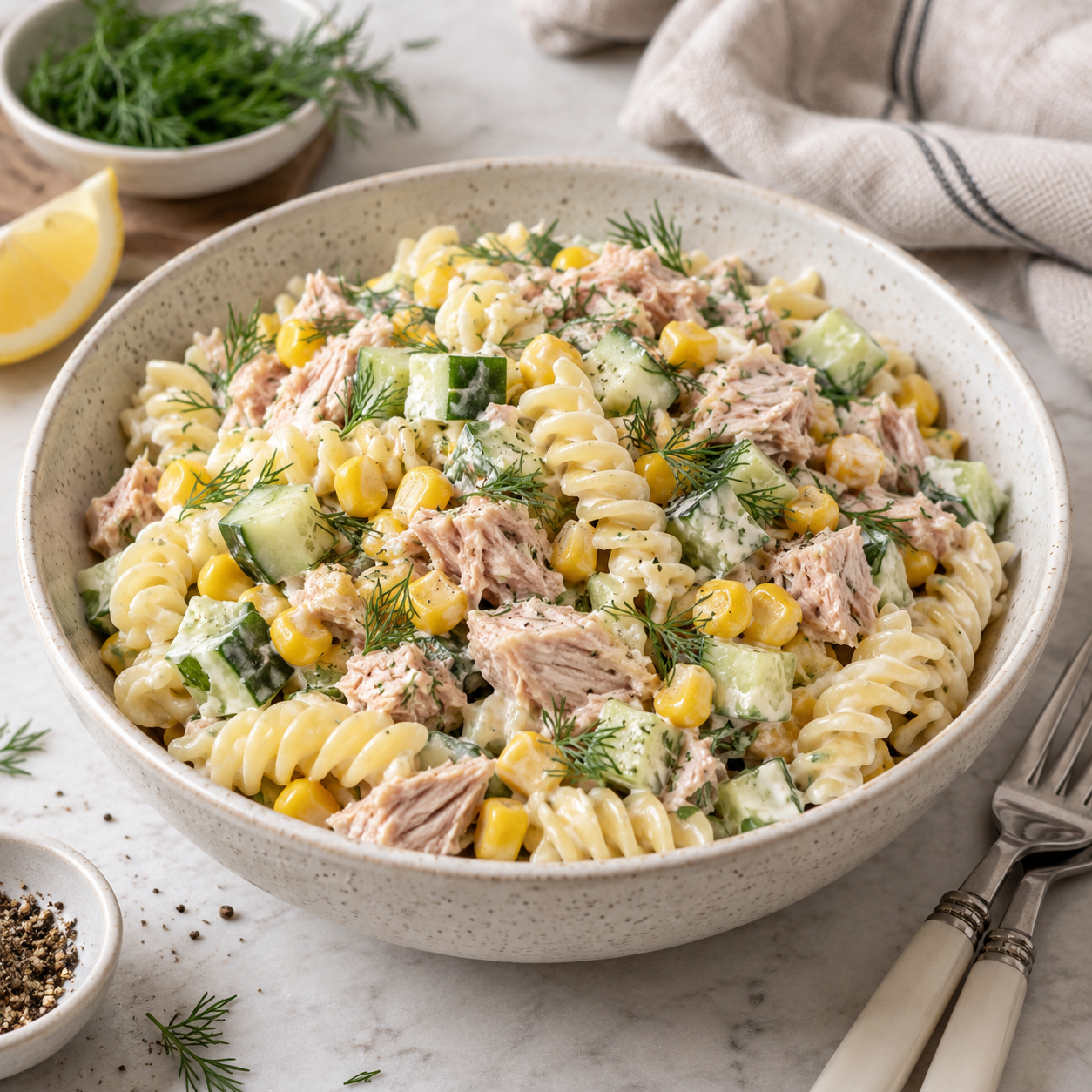 Салат с макаронами, тунцом и кукурузой