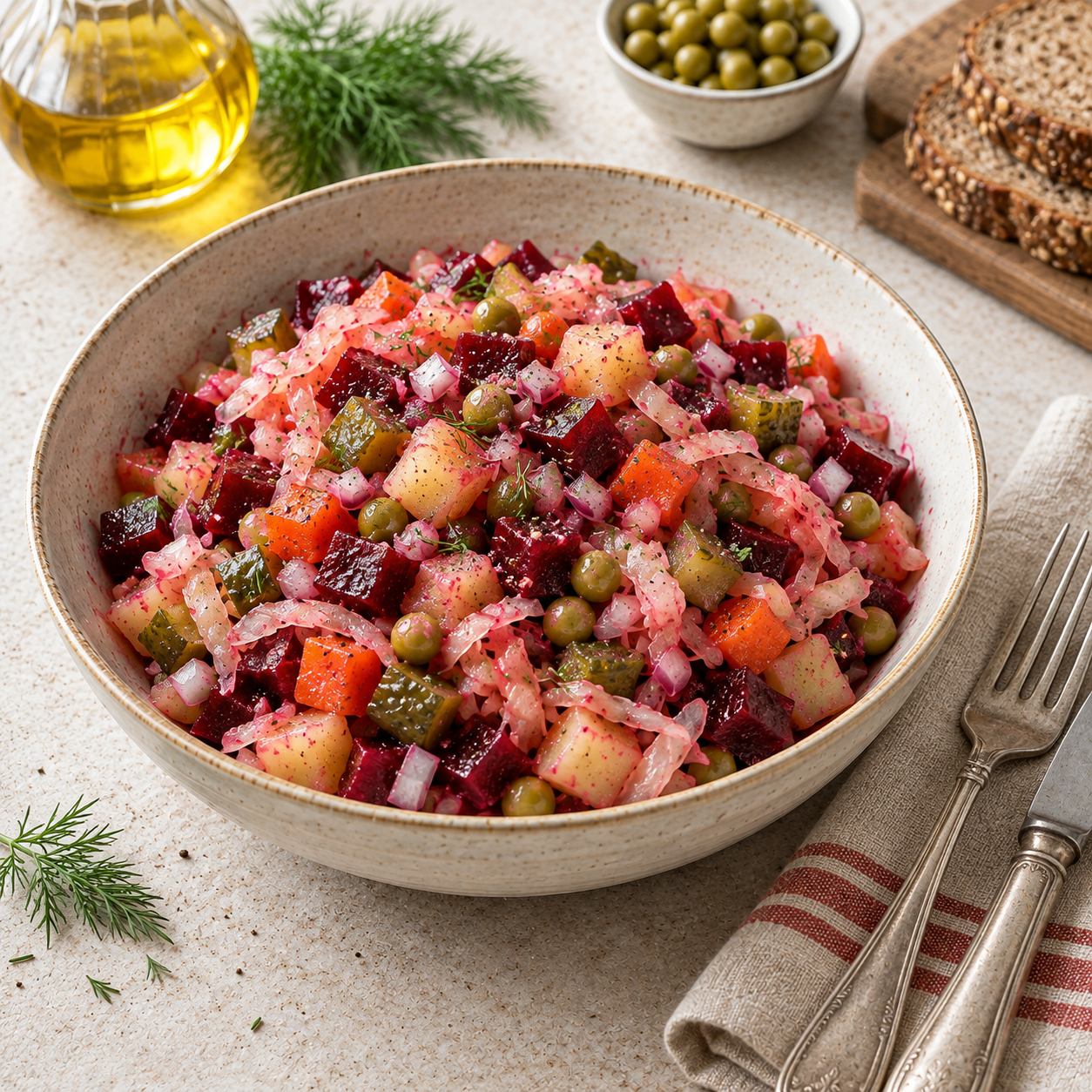 Винегрет классический с квашеной капустой и солёными огурцами